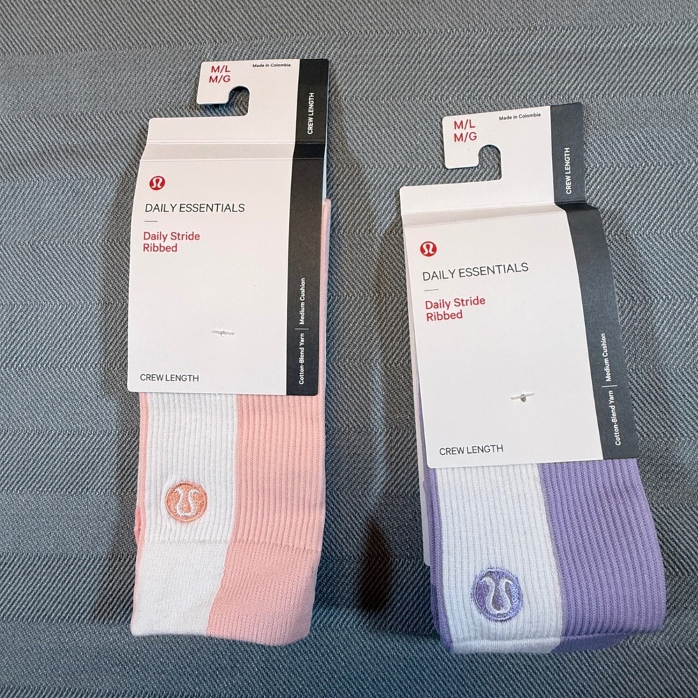 Lululemon Daily Stride Ribbed Crew Socks 2 Pair Pink Purple White M/L NEW TTP113